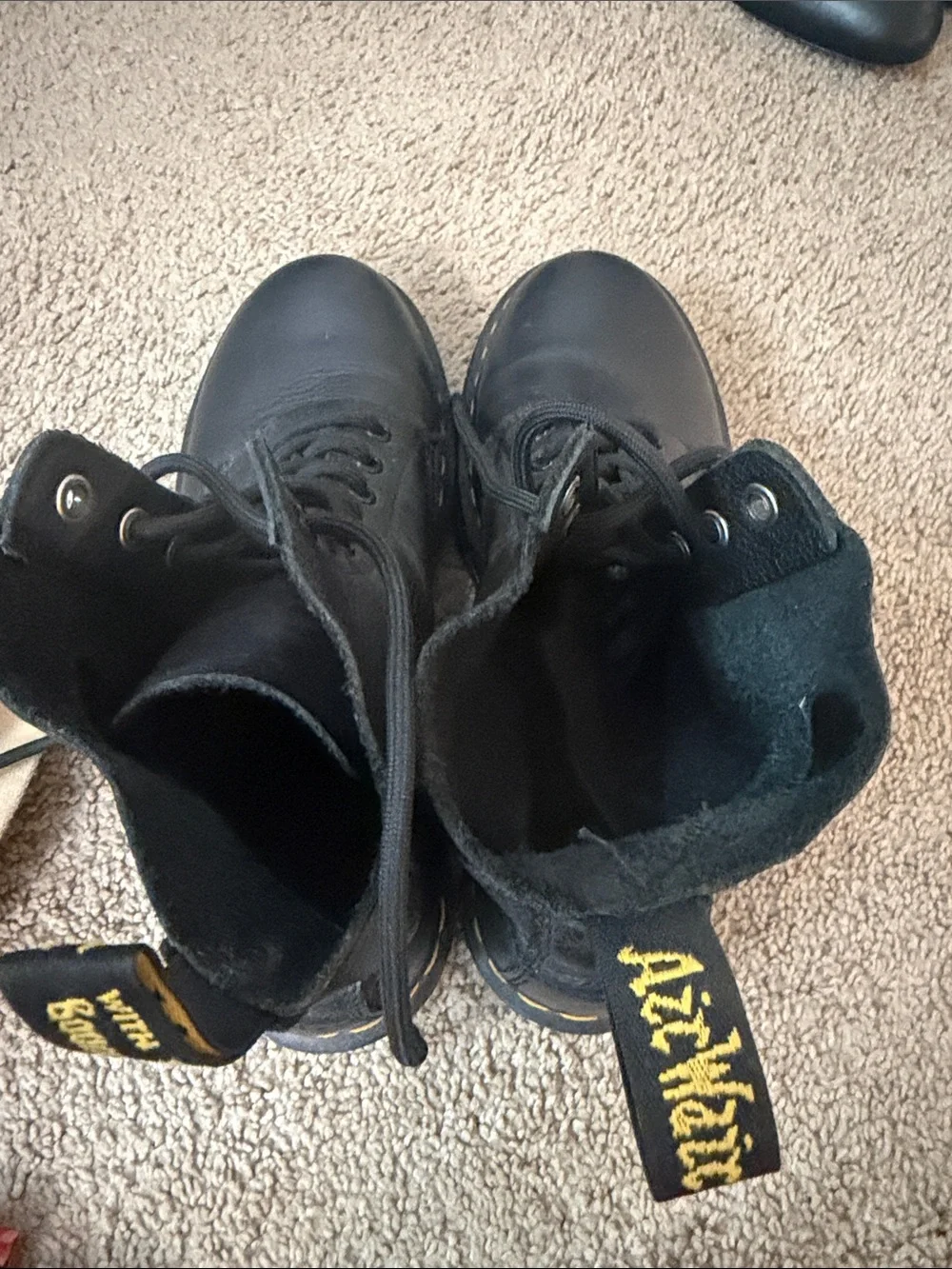 Dr. Martens Black Leather 8-Eye Lace-Up Boots with Yellow Stitching